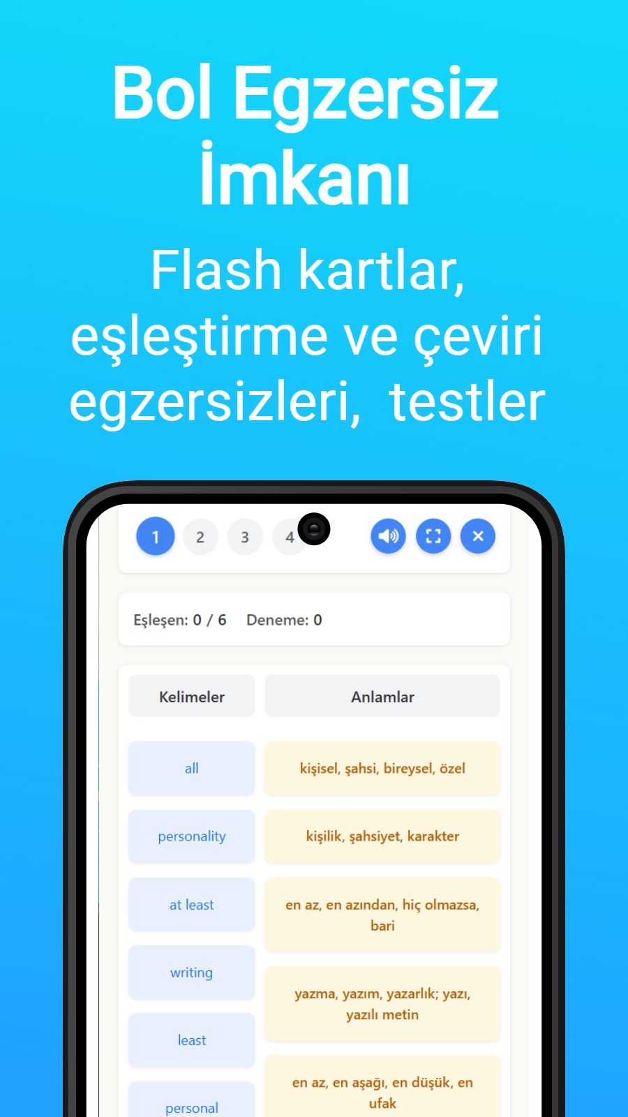Bol Egzersiz İmkanı - Flash kartlar, eşleştirme ve çeviri egzersizleri, testler