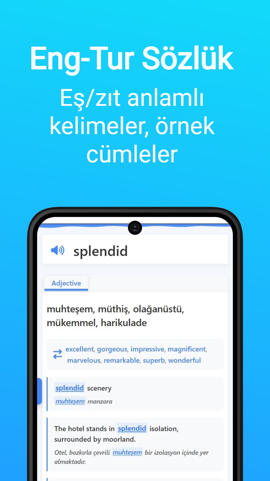 Eng-Tur Sözlük - Eş/zıt anlamlı kelimeler, örnek cümleler