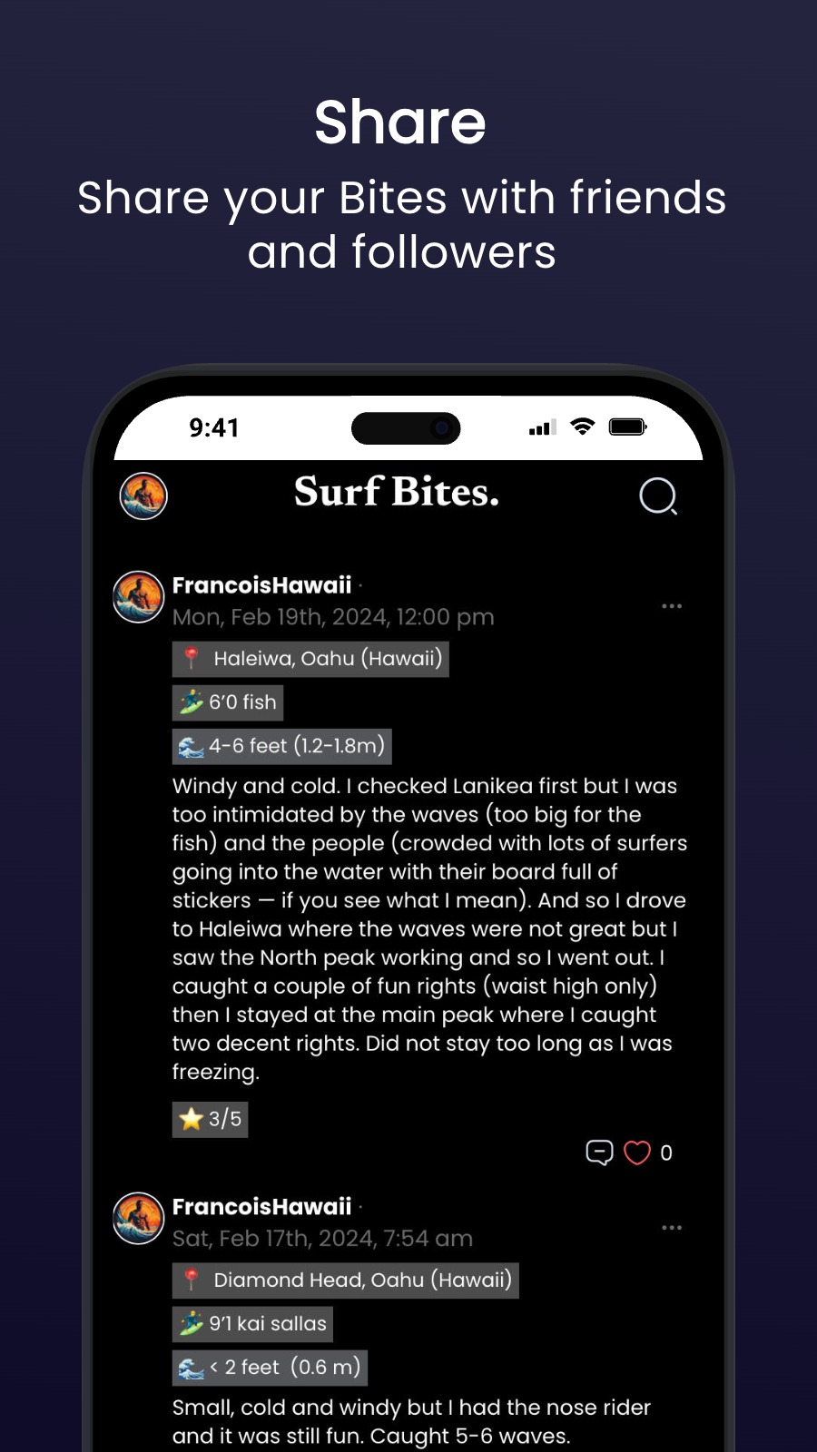 Share - Share your Bites with friends and followers