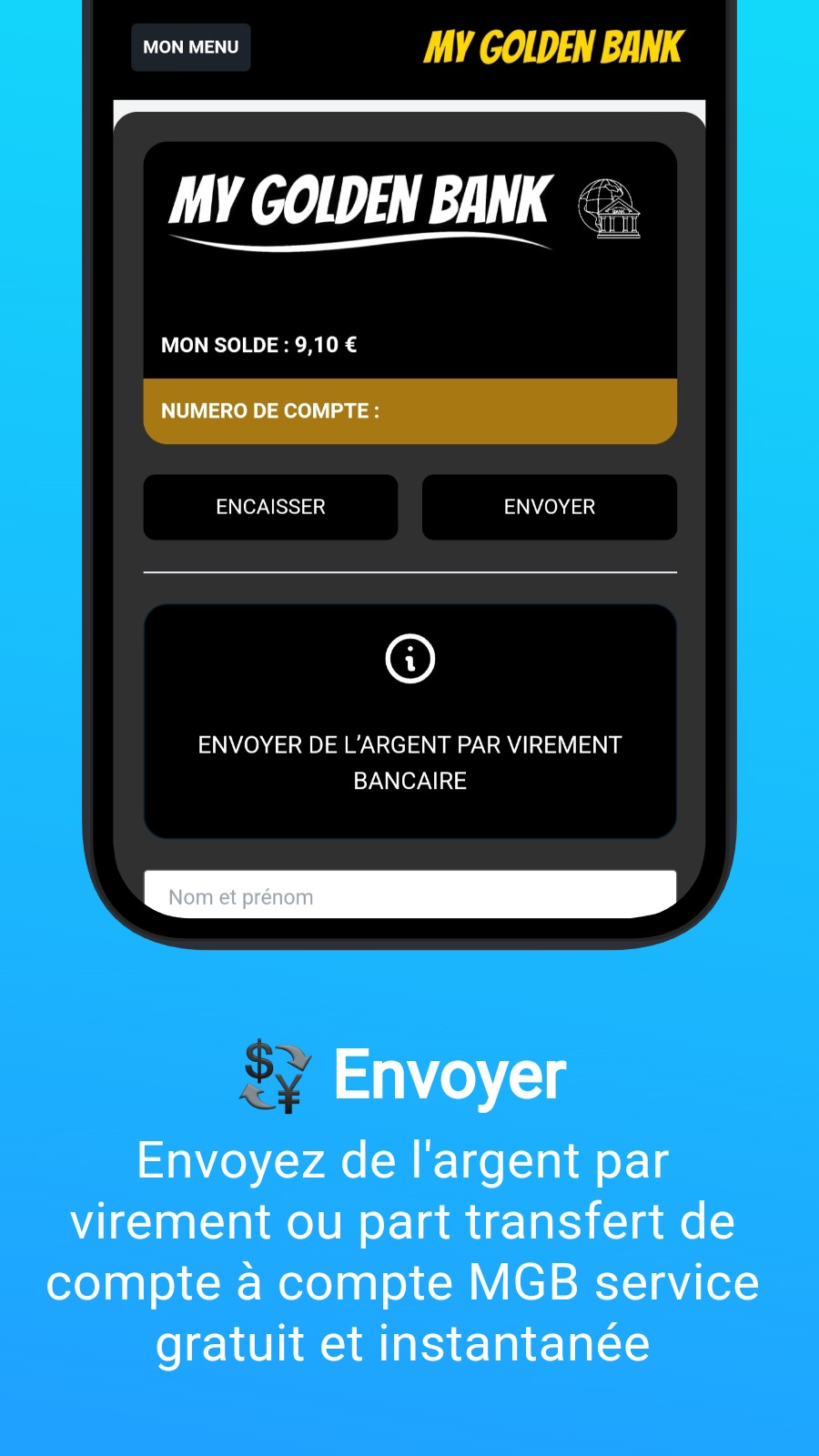 💱 Envoyer - Envoyez de l‘argent par virement ou part transfert de compte à compte MGB service gratuit et instantanée