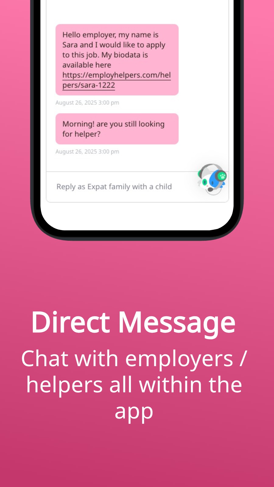 Direct Message - Chat with employers / helpers all within the app
