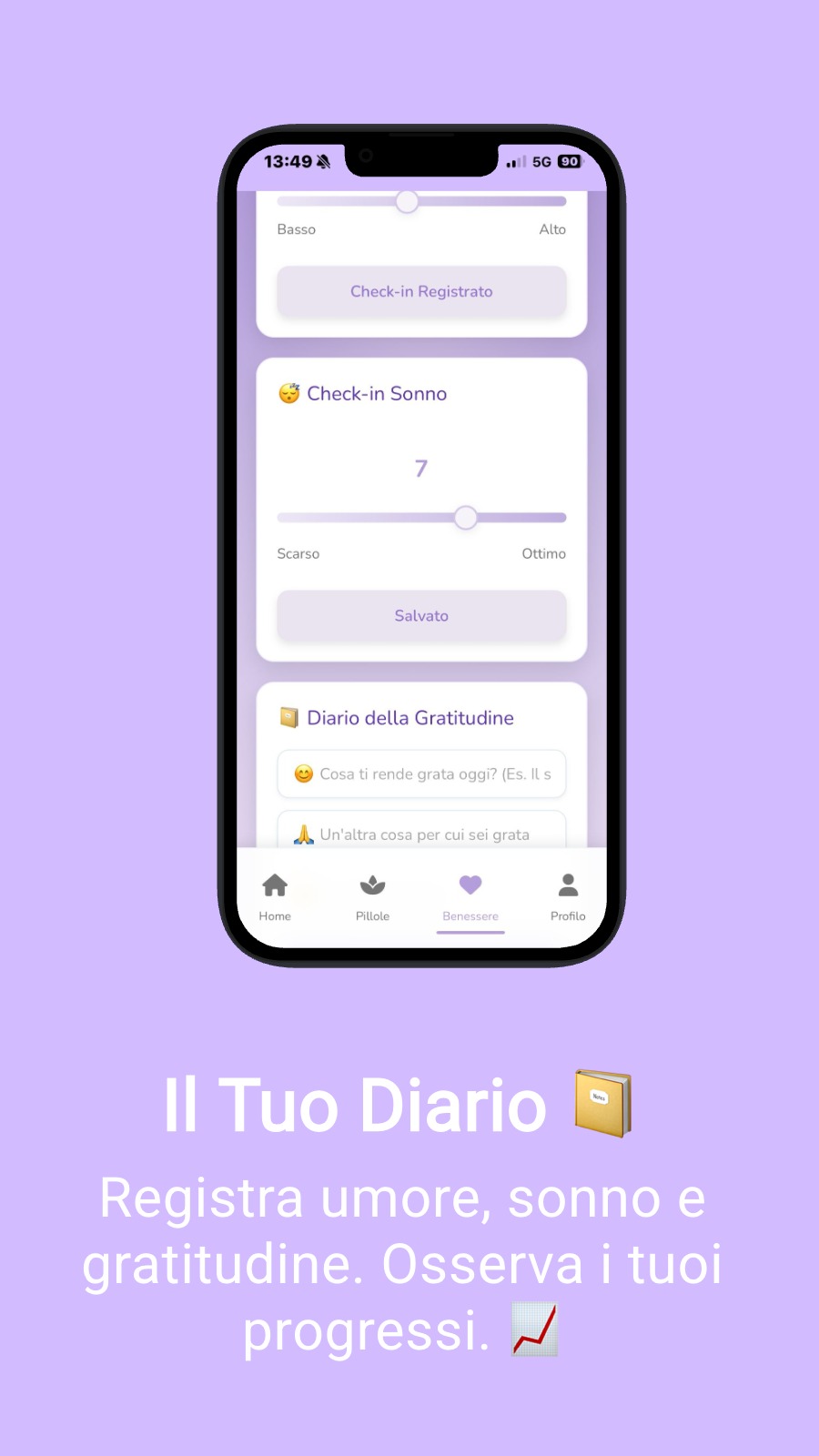 Il Tuo Diario 📔 - Registra umore, sonno e gratitudine. Osserva i tuoi progressi. 📈