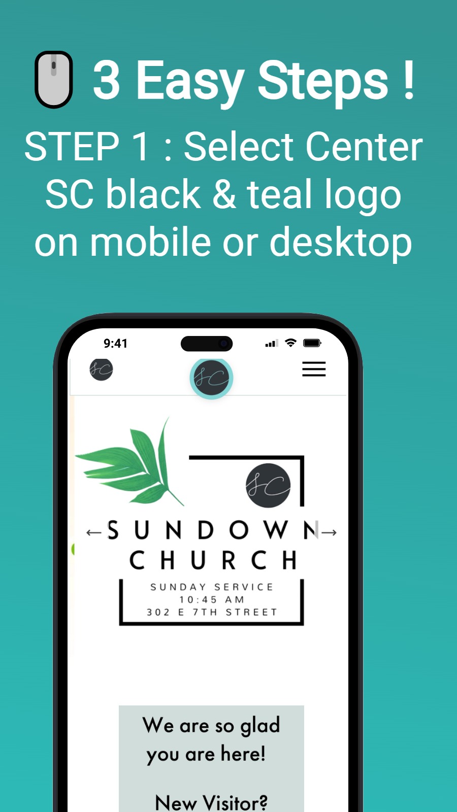 🖱️ 3 Easy Steps ! - STEP 1 : Select Center SC black & teal logo on mobile or desktop