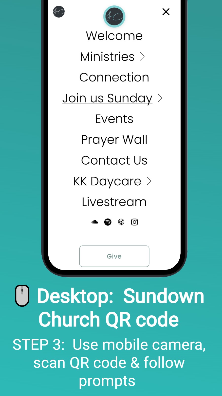 🖱️ Desktop:  Sundown Church QR code - STEP 3:  Use mobile camera, scan QR code & follow prompts