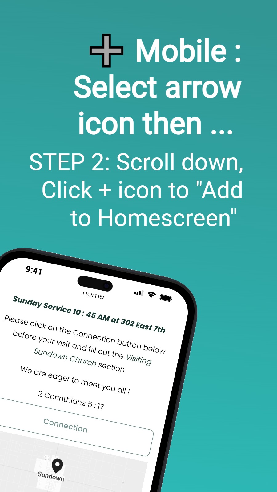 ➕ Mobile : Select arrow icon then ...  - STEP 2: Scroll down, Click + icon to "Add to Homescreen"