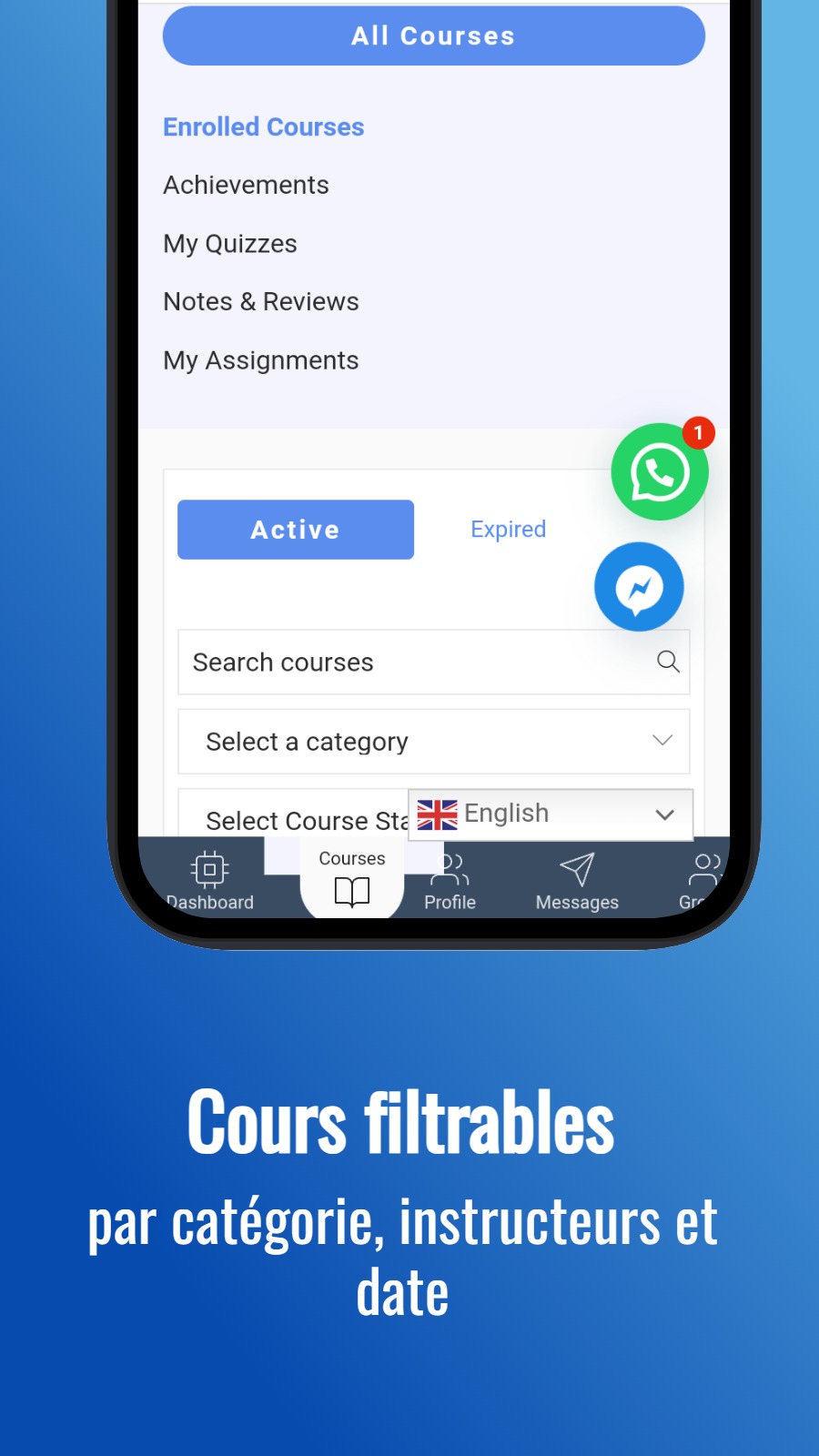 Cours filtrables - par catégorie, instructeurs et date