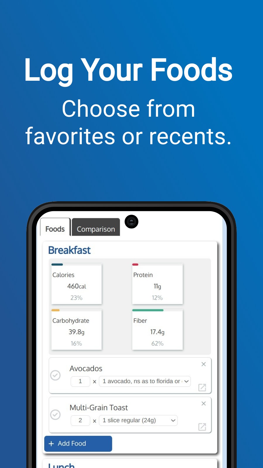 Log Your Foods - Choose from favorites or recents.