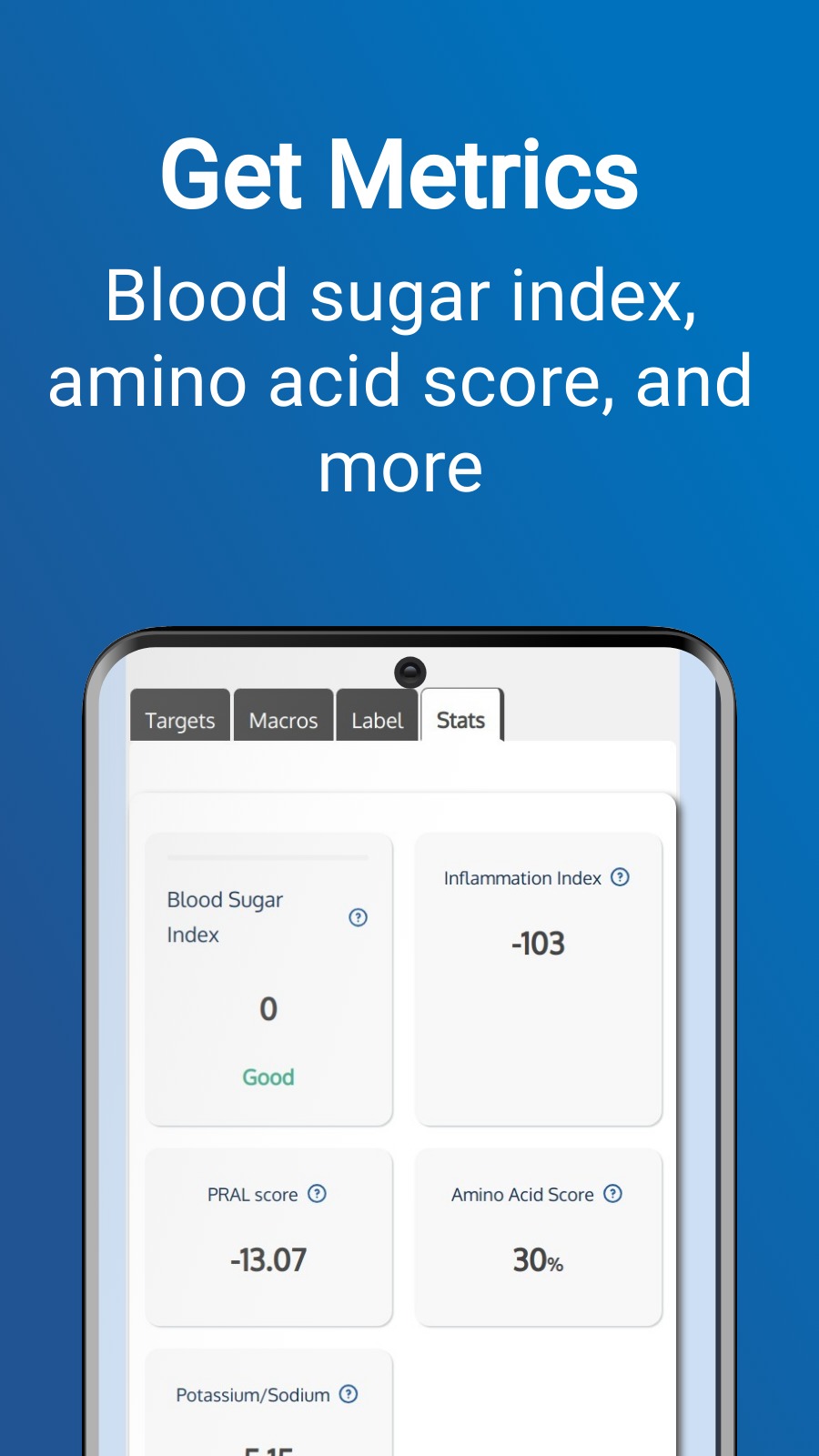 Get Metrics - Blood sugar index, amino acid score, and more