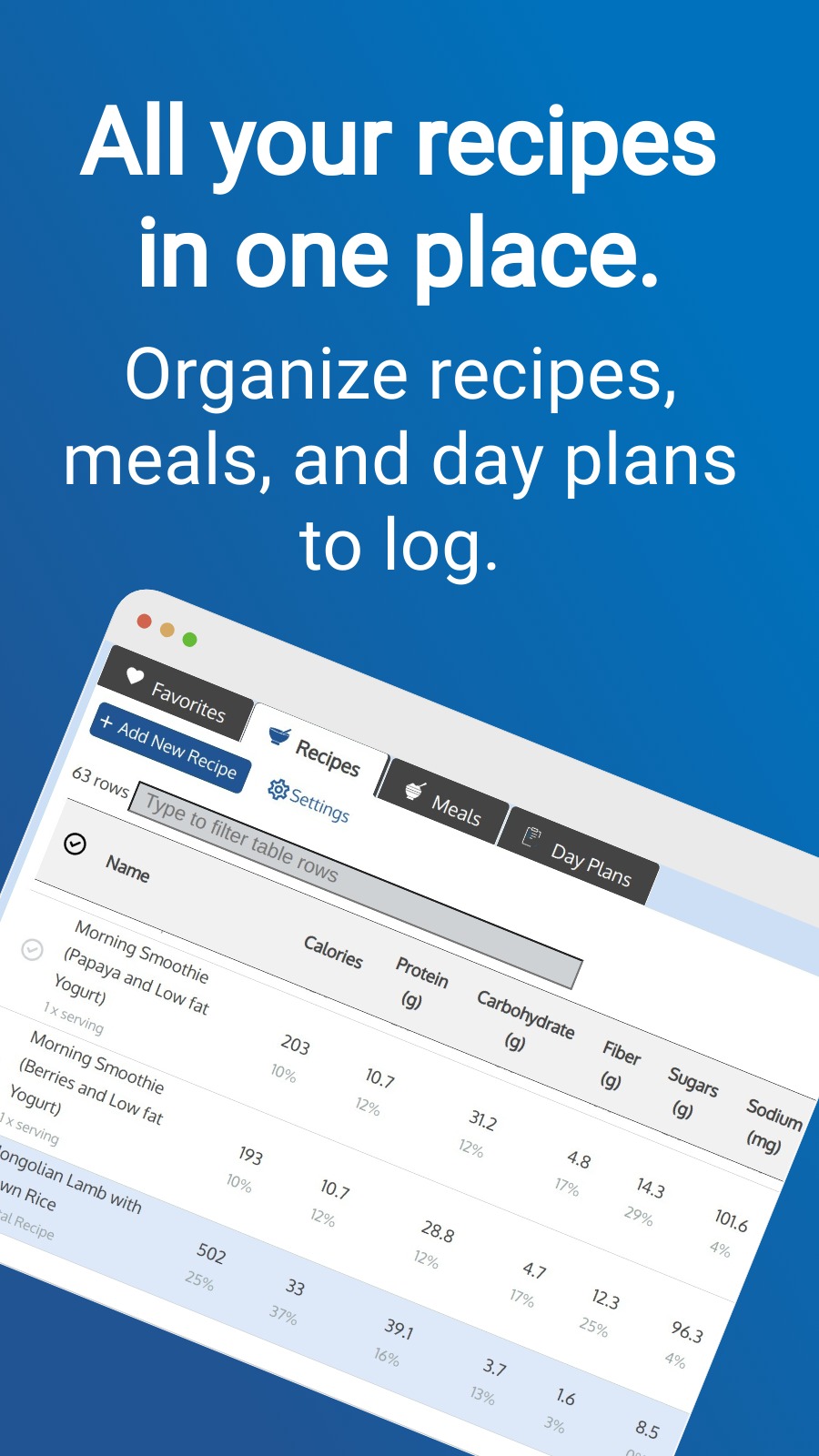 All your recipes in one place. - Organize recipes, meals, and day plans to log.