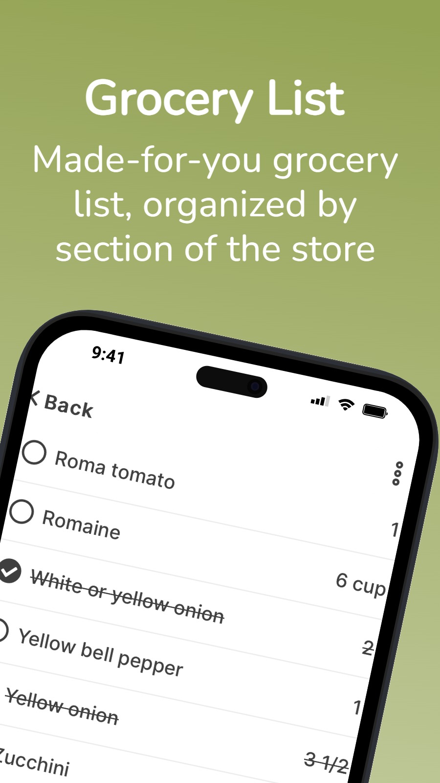 Grocery List - Made-for-you grocery list, organized by section of the store