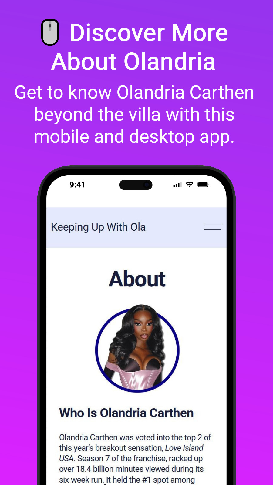 🖱️ Discover More About Olandria - Get to know Olandria Carthen beyond the villa with this mobile and desktop app.